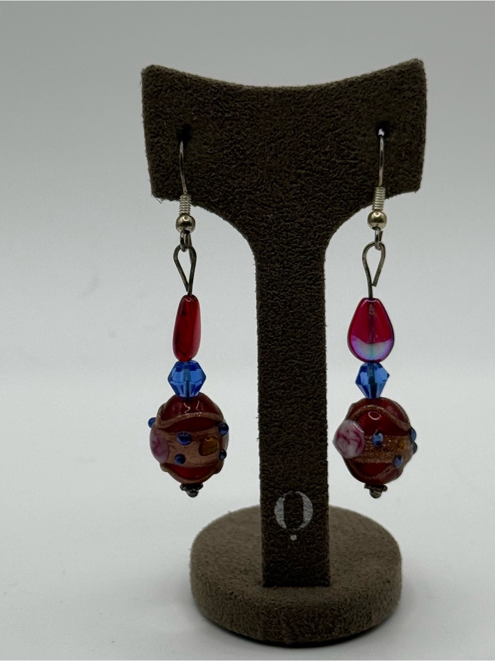 Vintage handmade Red Glass wedding cake Bead Drop Earrings
